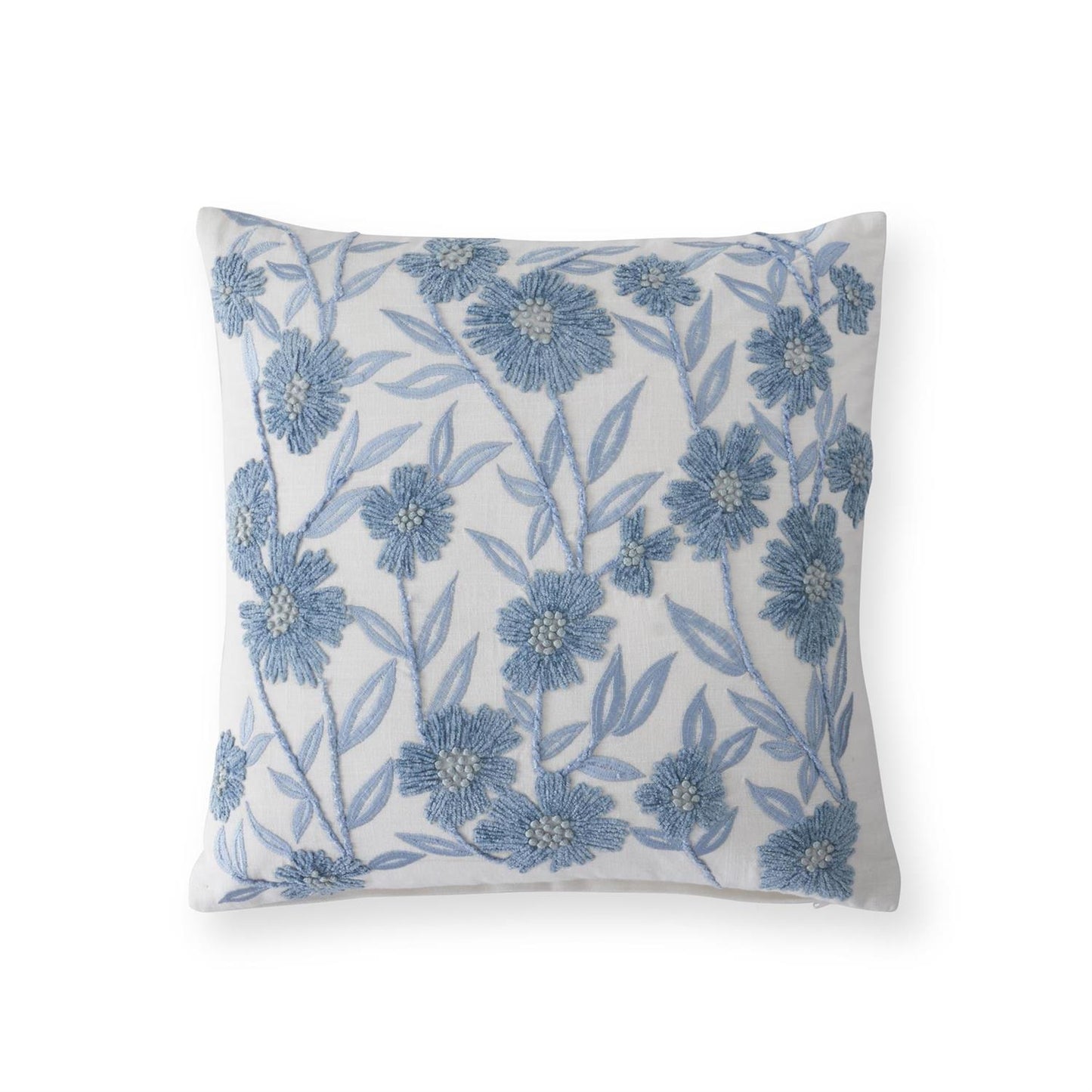 18 Inch Square White Linen & Blue Embroidered Flora