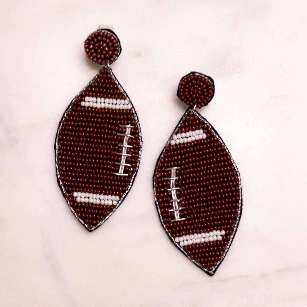 Football Beaded Earrings Brown/White 3.25"