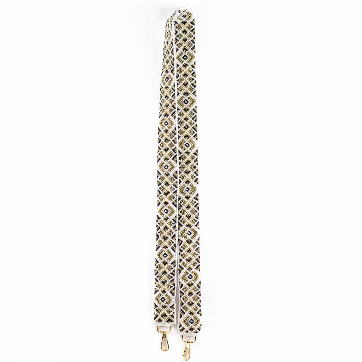 Geometric Beaded Purse Strap White/Gold/Black 44"