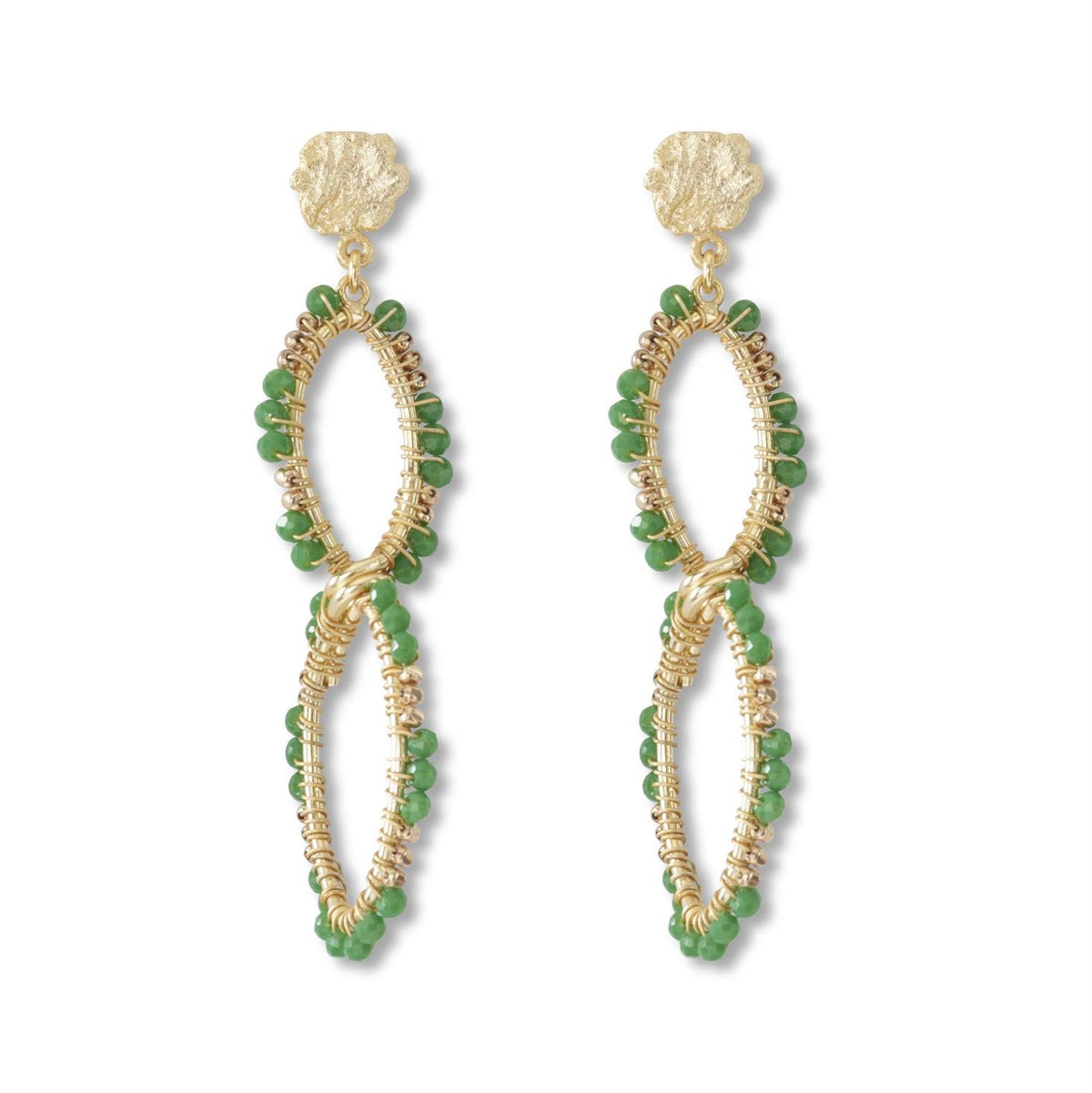 Green Beaded Gold-Plated Drop Earrings