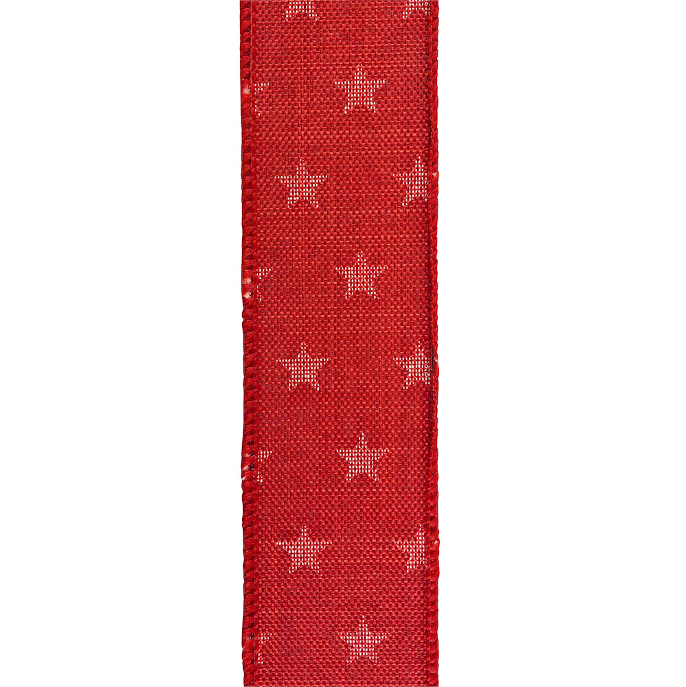 Stars Tossed Linen Wired Edge Ribbon Red 1-1/2 Inch 20 Yards