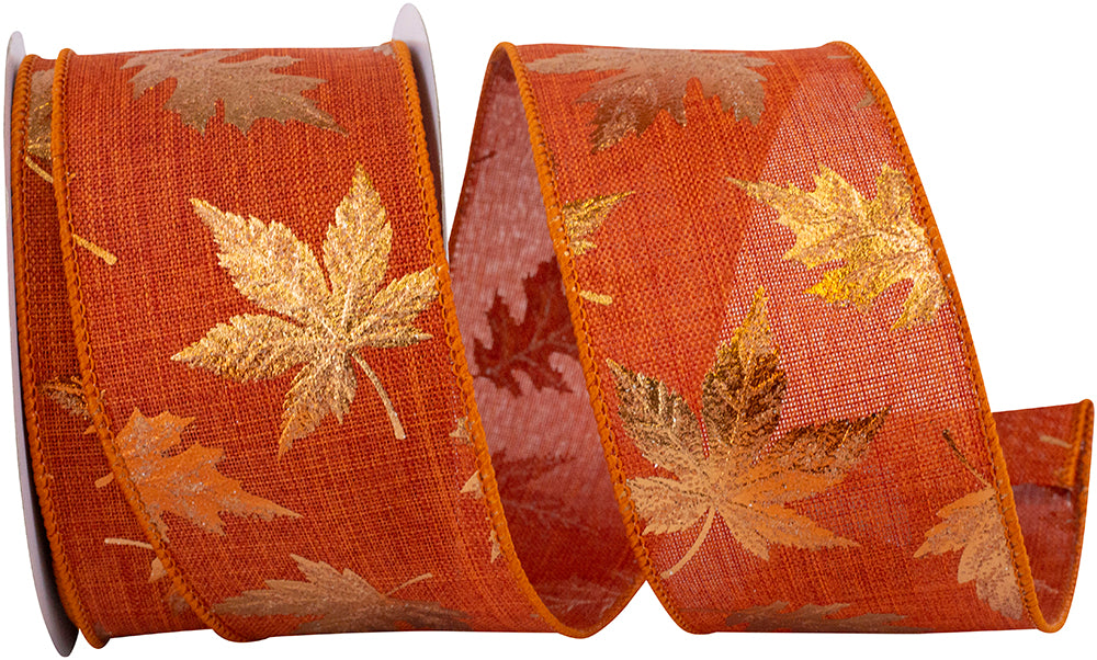 Metallic Raised Leaf Linen Wired Edge Ribbon, 2-1/2 In 10 Yd