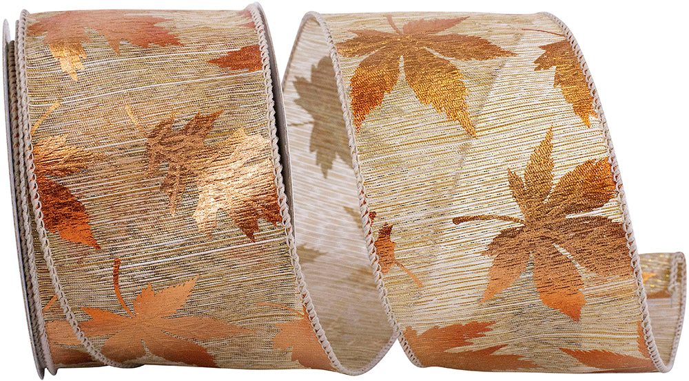 Metallic Raised Leaf Natural Wired Edge Ribbon, 2-1/2 In 10 Yd