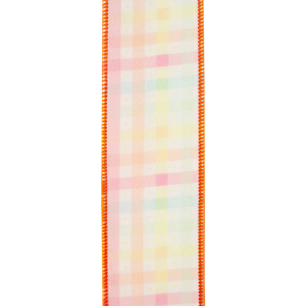 Pastel Check Multicolor Deluxe Wired Edge Ribbon Tangerine 2-1/2 Inch 10 Yards