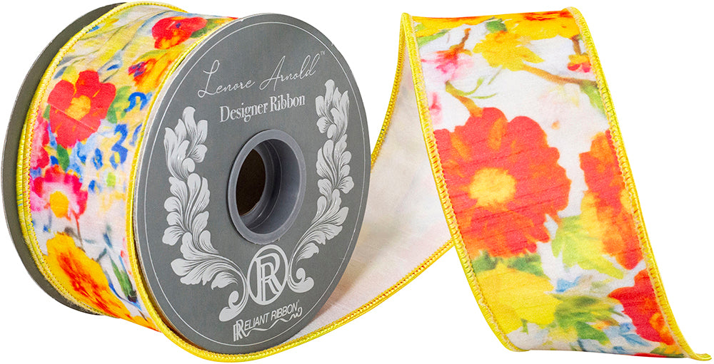 Flowers Colors Deluxe Dupioni Backed Wired Edge Ribbon Yellow 2-1/2 Inch 10 Yards