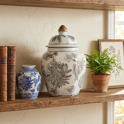 Blue And White Ceramic Jar 10"H