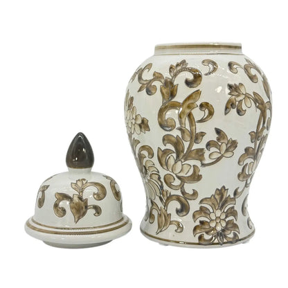 Brown And White Chinoiserie Ceramic Jar 14"H