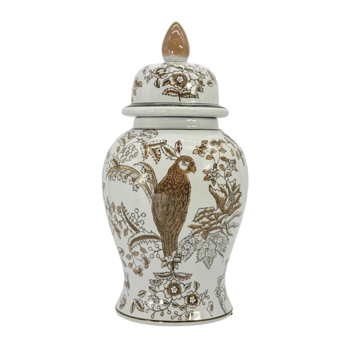 Brown And White Chinoiserie Ceramic Jar 14"H
