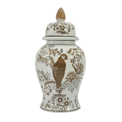 Brown And White Chinoiserie Ceramic Jar 14"H