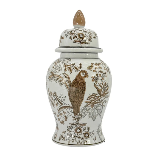 Brown And White Chinoiserie Ceramic Jar 14"H
