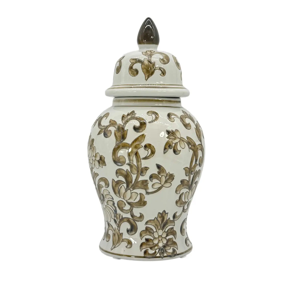 Brown And White Chinoiserie Ceramic Jar 14"H