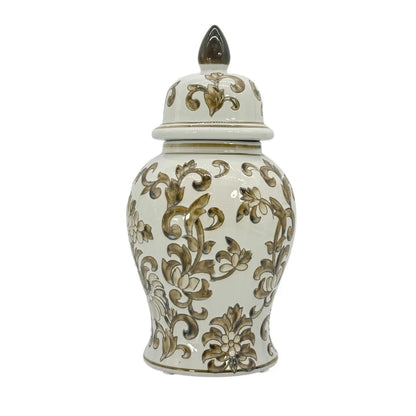 Brown And White Chinoiserie Ceramic Jar 14"H
