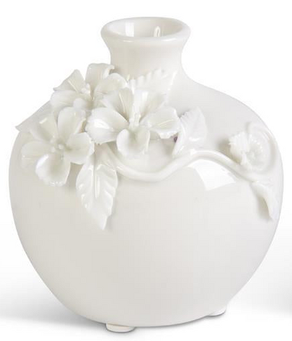 Short White Ceramic Vase w/Raised Flowers