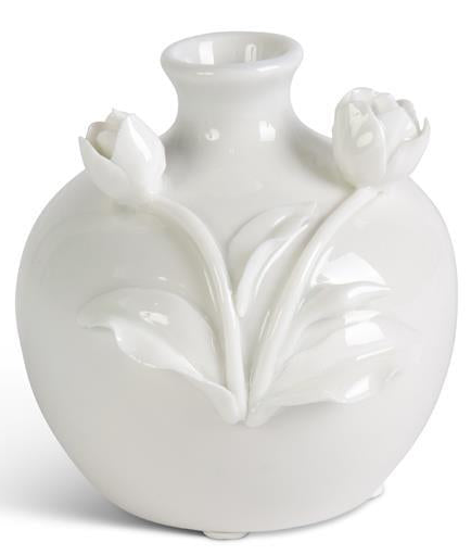 Short White Ceramic Vase w/Raised Flowers