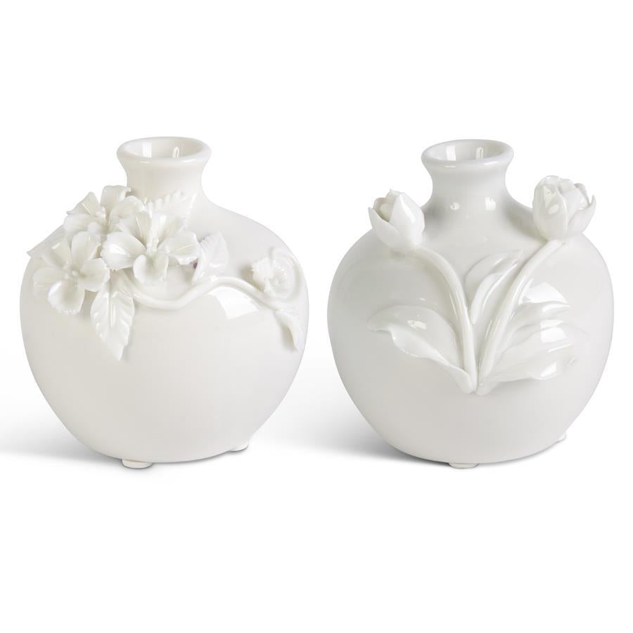 Short White Ceramic Vase w/Raised Flowers
