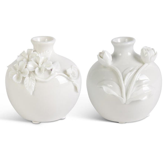 Short White Ceramic Vase w/Raised Flowers