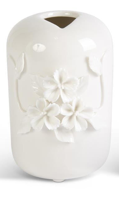 Tall White Ceramic Vase w/Raised Flowers