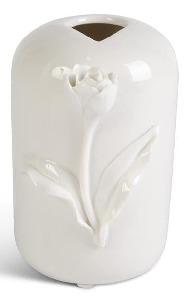 Tall White Ceramic Vase w/Raised Flowers