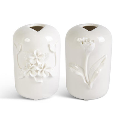 Tall White Ceramic Vase w/Raised Flowers