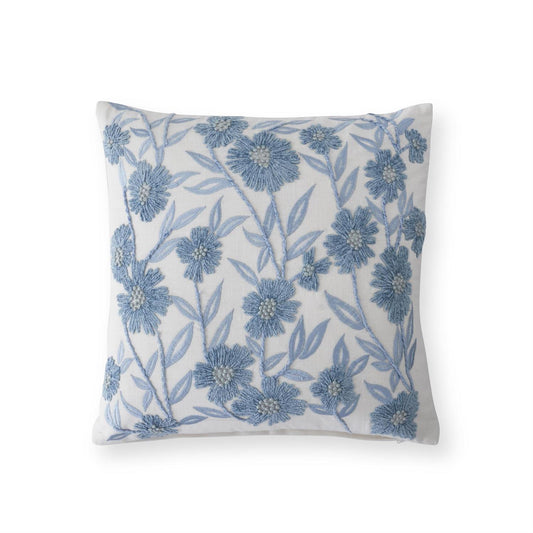 18 Inch Square White Linen & Blue Embroidered Flora