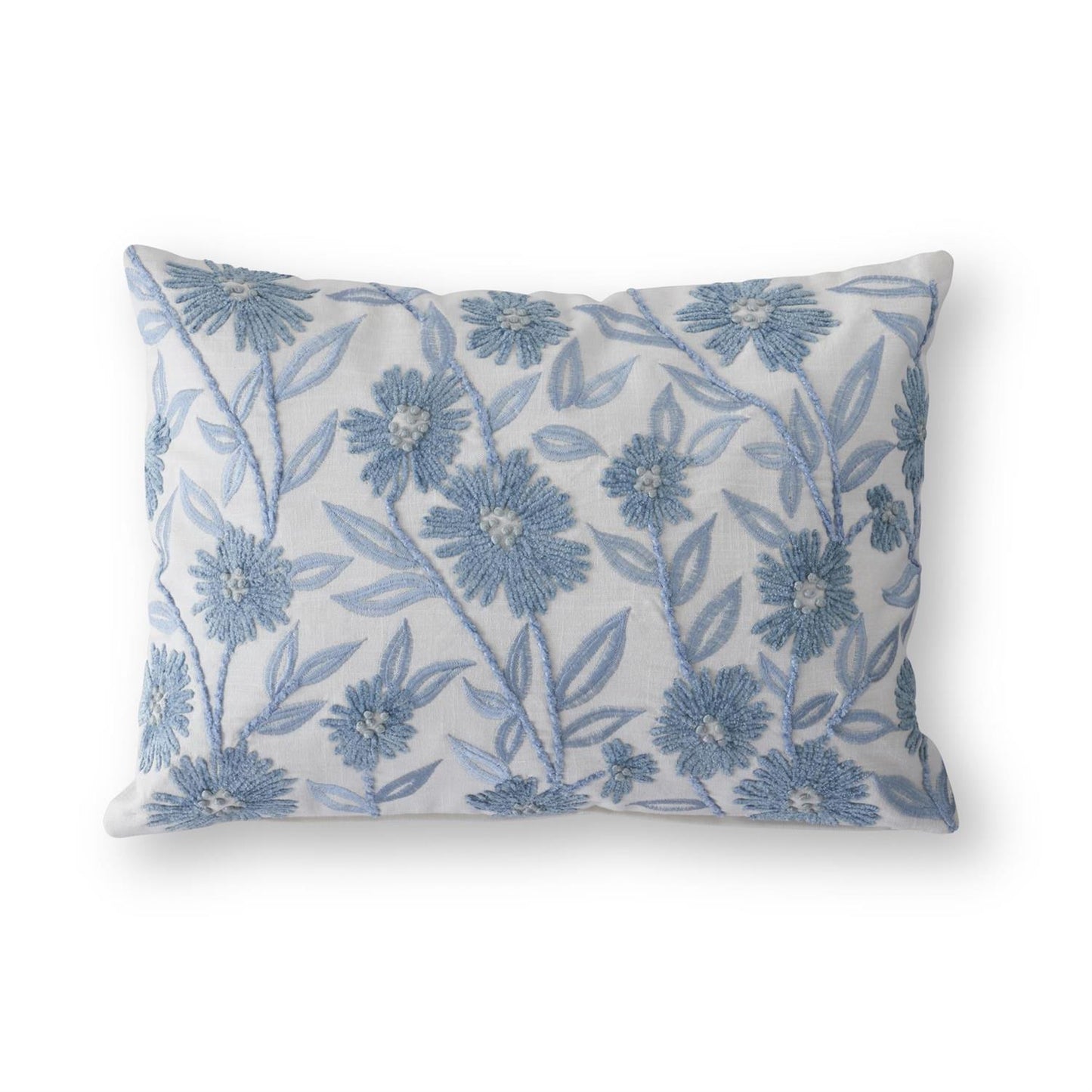 14 Inch Lumbar White Linen & Blue Embroidered Flora