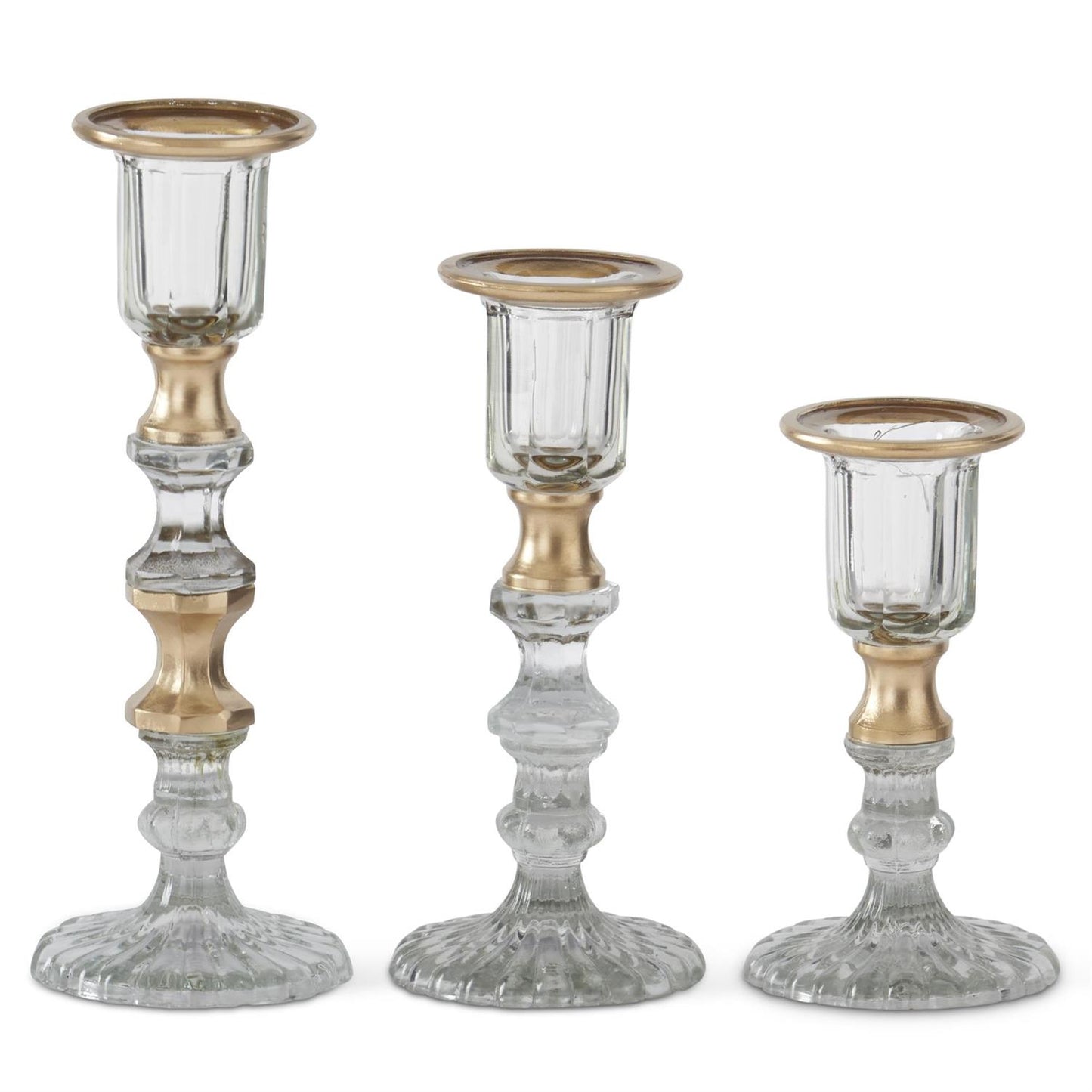 Set of 3 Gold Gilded Clear Pressed Glass Taper Candleholders