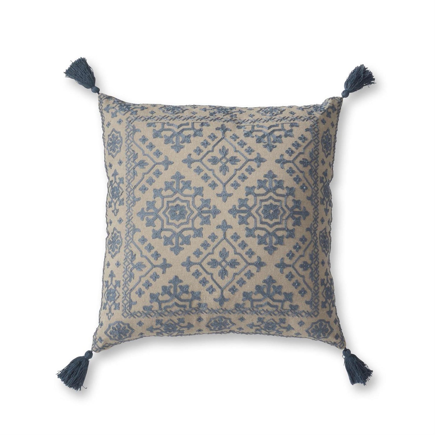 20 Inch Handcrafted Beige & Blue Embroidered Square