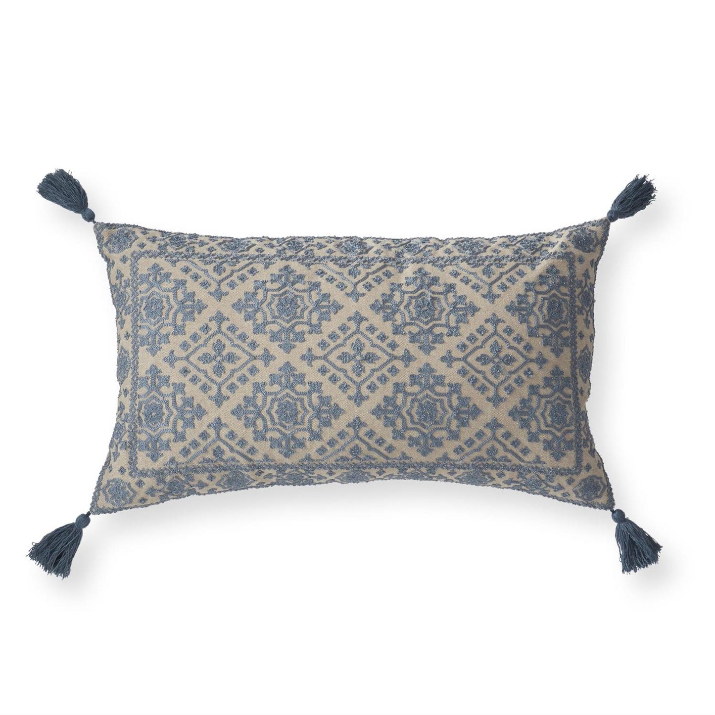24 Inch Handcrafted Beige & Blue Embroidered Lumbar