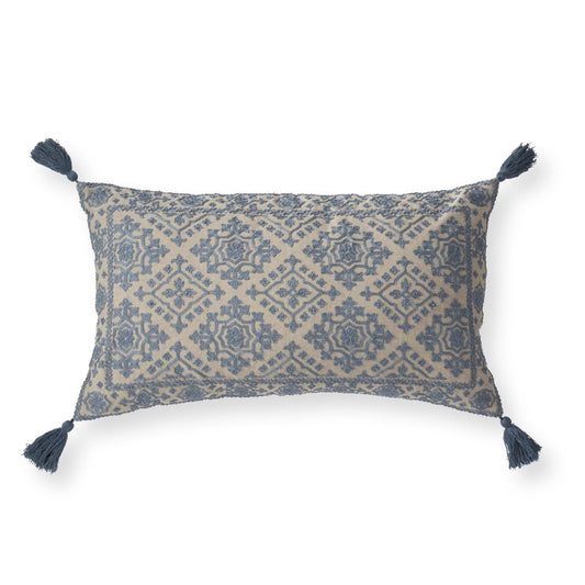 24 Inch Handcrafted Beige & Blue Embroidered Lumbar