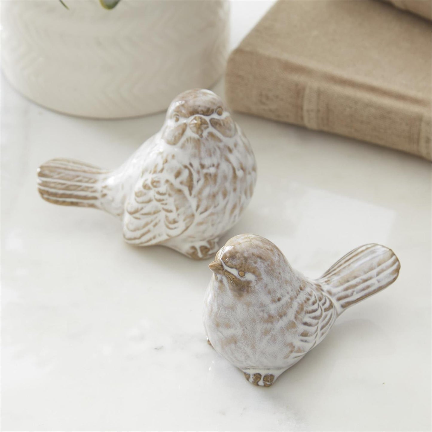 3 Inch Cream & Taupe Glazed Ceramic Birds