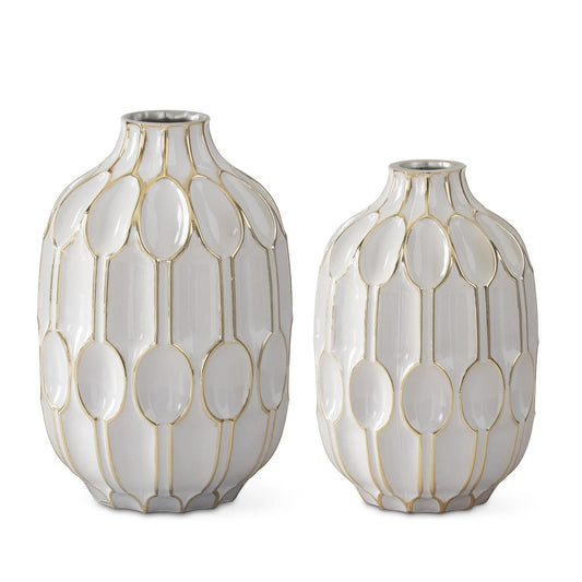 White Glass & Gold Oval Embossed Vases
