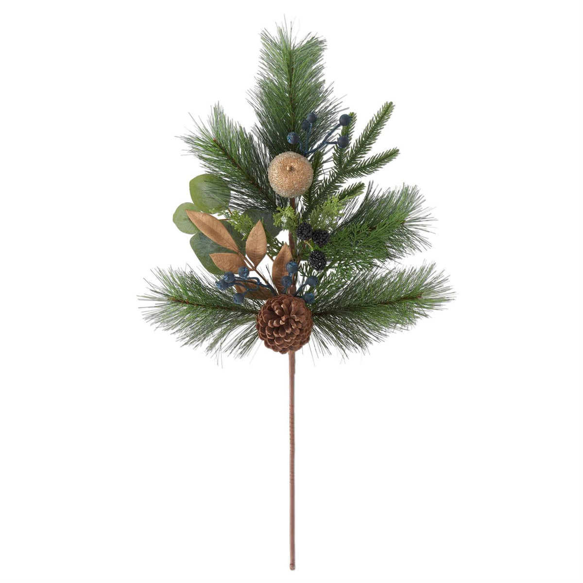 Faux Mixed Pine Stem with Gold Leaves, 28 Inch