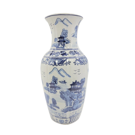 Blue and White Chinoiserie Ceramic Vase 18"