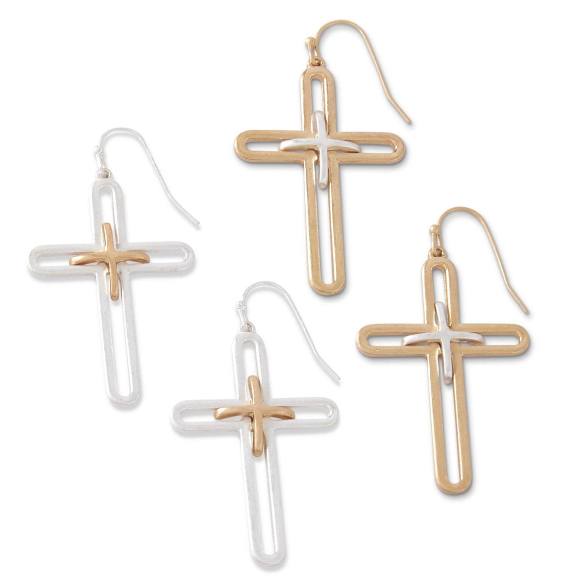 Two-Tone Cross Earrings in Silver with gold accents