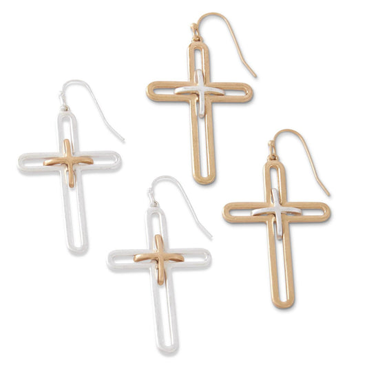 Two-Tone Cross Earrings in Silver with gold accents