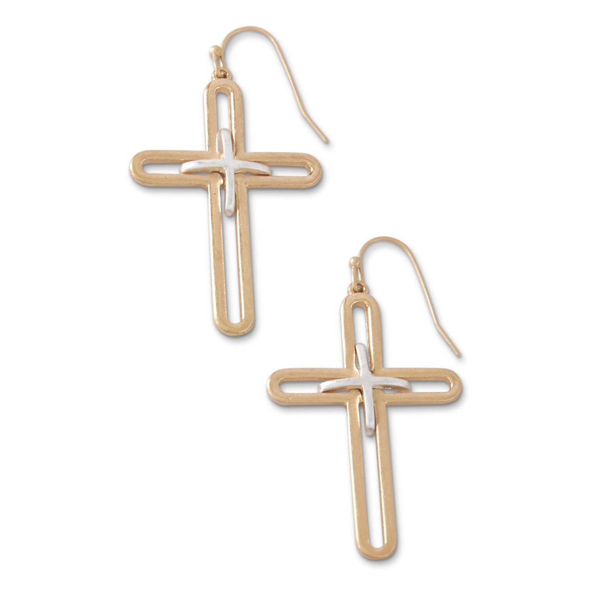 Two-Tone Cross Earrings in Gold with silver accents
