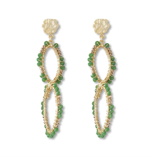 Green Beaded Gold-Plated Drop Earrings