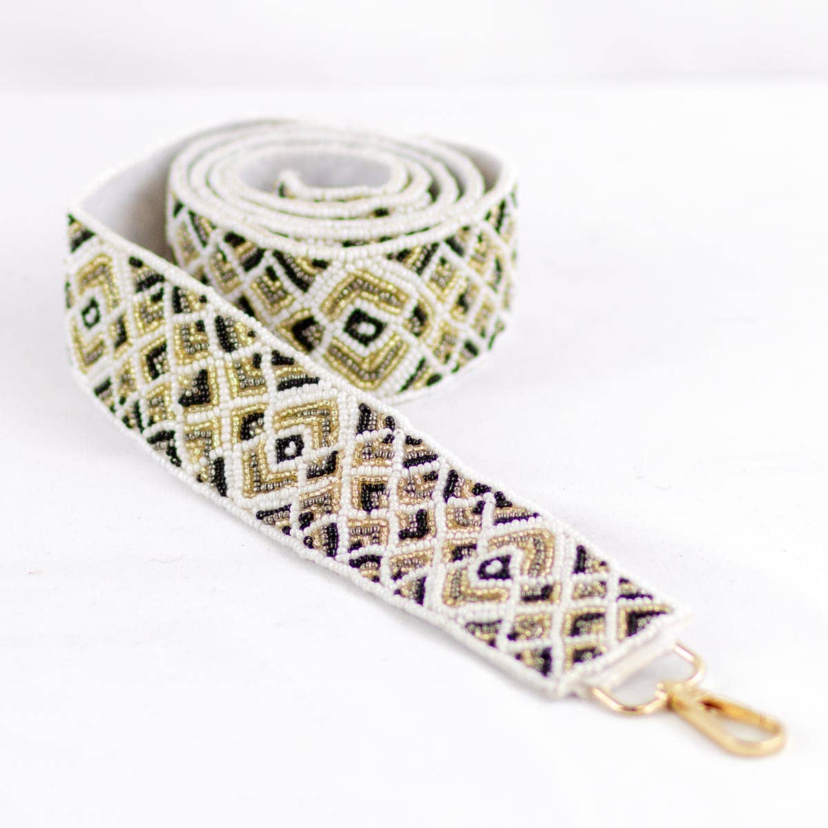 Geometric Beaded Purse Strap   White/Gold/Black   44"