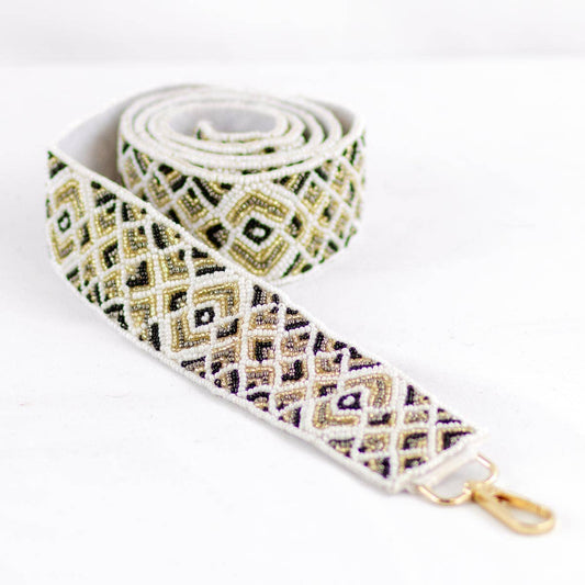 Geometric Beaded Purse Strap   White/Gold/Black   44"