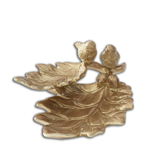 8.5 Inch Gold Resin Leaf Tray w/Birds