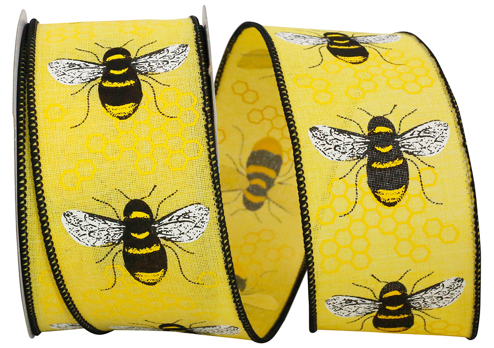 Honeybee Linen Wired Edge Ribbon Rd Yellow 2-1/2 Inch 10 Yards