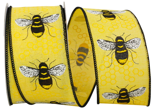 Honeybee Linen Wired Edge Ribbon Rd Yellow 2-1/2 Inch 10 Yards