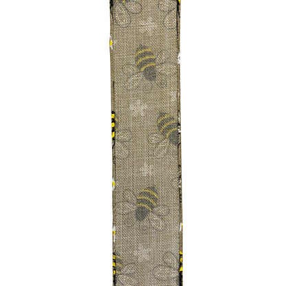 Bumble Bees Linen Wired Edge Ribbon Natural 1-1/2 Inch 20 Yards