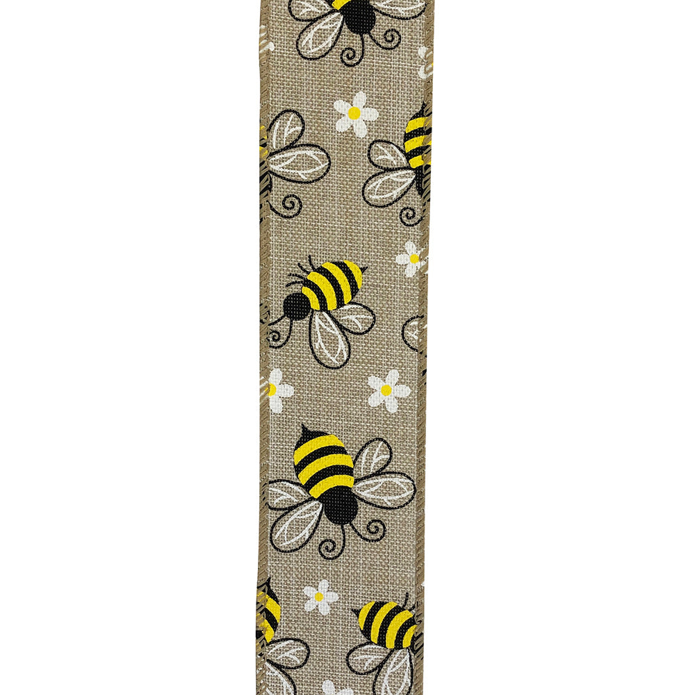 Bumble Bees Linen Wired Edge Ribbon Natural 1-1/2 Inch 20 Yards
