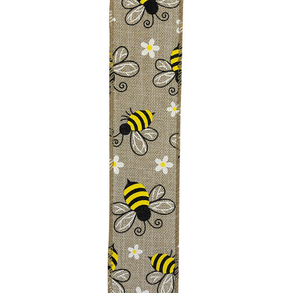 Bumble Bees Linen Wired Edge Ribbon Natural 1-1/2 Inch 20 Yards