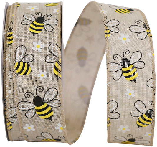 Bumble Bees Linen Wired Edge Ribbon Natural 1-1/2 Inch 20 Yards