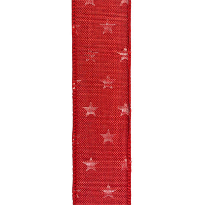 Stars Tossed Linen Wired Edge Ribbon Red 1-1/2 Inch 20 Yards
