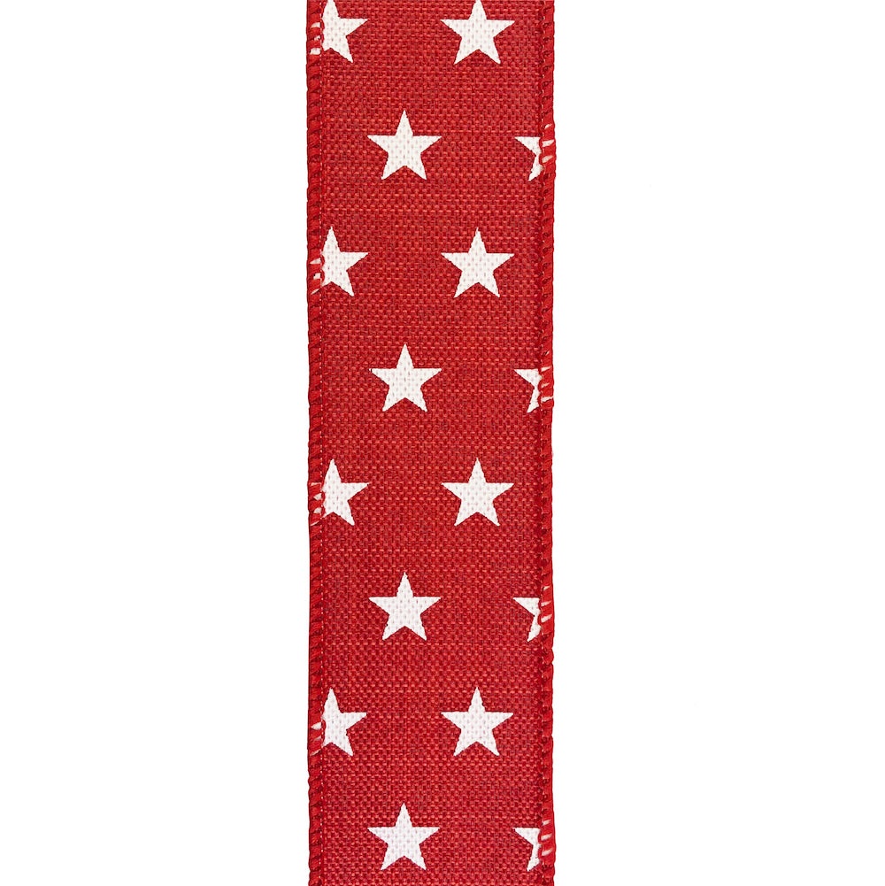 Stars Tossed Linen Wired Edge Ribbon Red 1-1/2 Inch 20 Yards