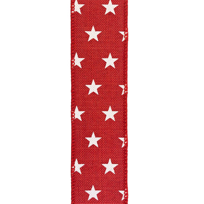 Stars Tossed Linen Wired Edge Ribbon Red 1-1/2 Inch 20 Yards