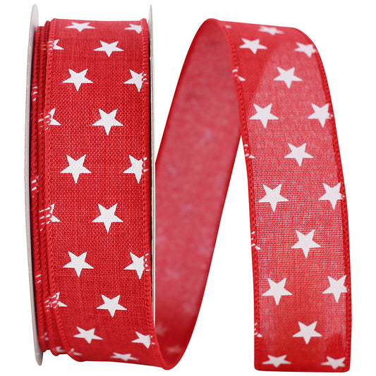 Stars Tossed Linen Wired Edge Ribbon Red 1-1/2 Inch 20 Yards